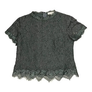 Adiva Olive Green Lace Scallop Trimmed Top M
